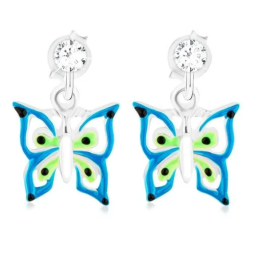 Náušnice ze stříbra 925, modro-zeleno-bílý motýlek s krystalem Swarovski