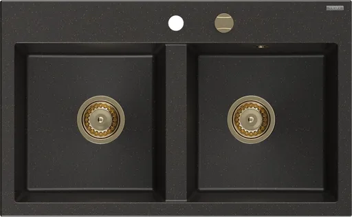 MEXEN/S Hektor granitový dřez 2-bowl 800 x 480 mm, černá/zlatá metalik, zlatý sifon 6521802000-75-G