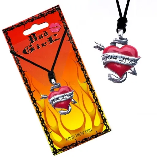 Šňůrkový náhrdelník - barevné srdce a šíp, stuha TRUE LOVE