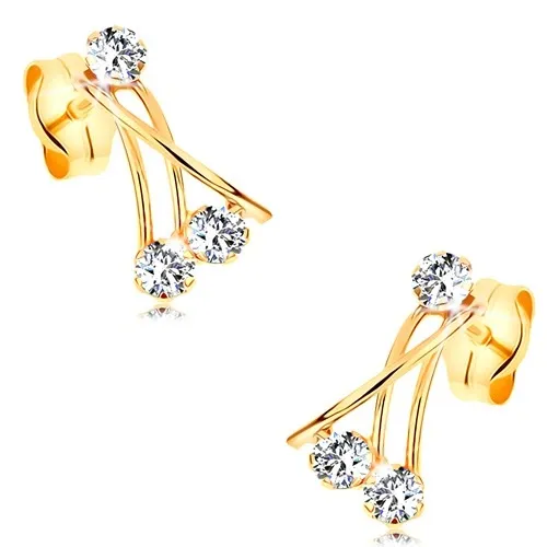 Zlaté náušnice 585 - tři tenké překřížené linie, kulaté zirkony čiré barvy