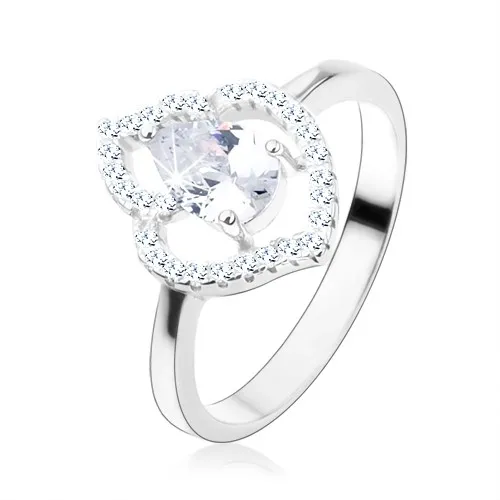 Prsten, stříbro 925, čirá zirkonová kapka, blyštivá kontura listu - Velikost: 49