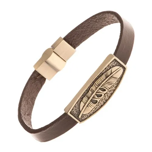 Tmavohnědý kožený náramek, patinovaná známka mosazné barvy - pírko