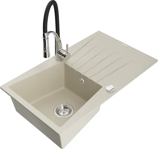 MEXEN/S Cesar granitový dřez s odkapávačem včetně baterie Aster, béžová 6514-69-73450-07