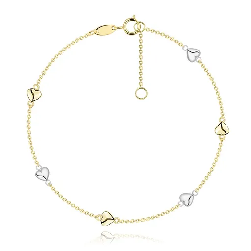 Náramek z kombinovaného zlata 585 - žlutá a bílá srdíčka s hladkým povrchem