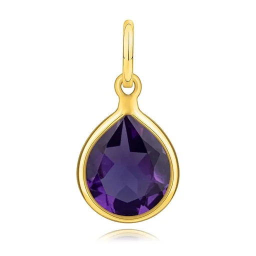 Přívěsek ze žlutého 14K zlata - slza, fialový kámen, hladký okraj