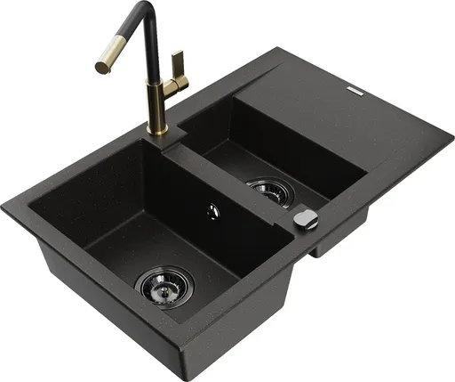MEXEN/S Gaspar granitový dřez 1.5 s odkapávačem včetně baterie Flora, černá/zlatá 6507-75-670401-57-B