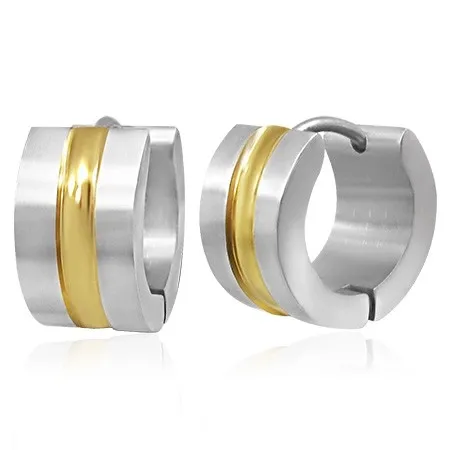 Ocelové náušnice - dvoubarevné kroužky se středovým pásem zlaté barvy
