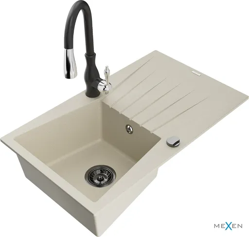 MEXEN/S Cesar granitový dřez 1 s odkapávačem včetně baterie Savita, béžová 6514-69-672601-70