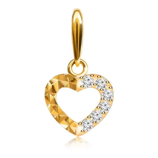 Zlatý přívěsek 585 - blýskavá kontura srdíčka, čiré zirkony a diamantový řez
