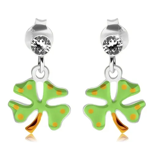 Stříbrné náušnice 925, čtyřlístek - světle zelená glazura, žluté tečky, puzetky