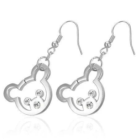 Ocelové náušnice stříbrné barvy - medvídek se zirkonovými očky a nosem