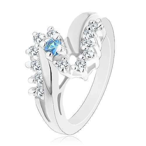 Prsten ve stříbrném odstínu, zahnutá ramena, zirkony čiré a světle modré barvy - Velikost: 49