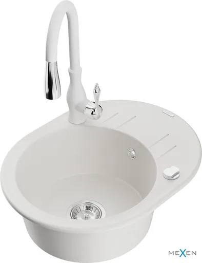 MEXEN/S Kevin granitový dřez 1 s odkapávačem včetně baterie Savita, bílá 6517-20-672601-20