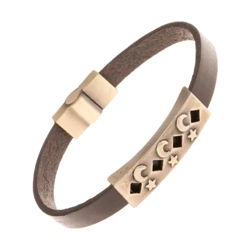 Tmavě hnědý kožený náramek, známka mosazné barvy - výřezy, hvězdy, měsíce