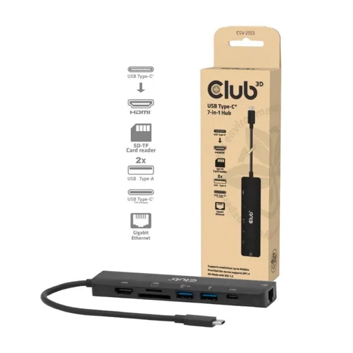 Club3D Dokovací stanice USB-C 7v1, 1xHDMI, 1xUSB-C PD, 2xUSB, 1xRJ45, microSD/SD, černá