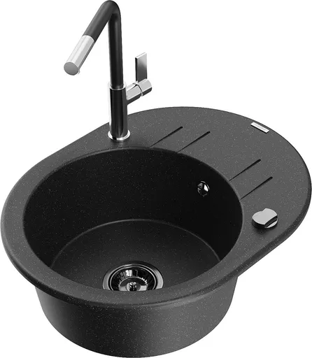 MEXEN/S Kevin granitový dřez 1-miska s odkapávačem včetně baterie Flora, černá/srebrny metalik 6517-73-670401-07-B