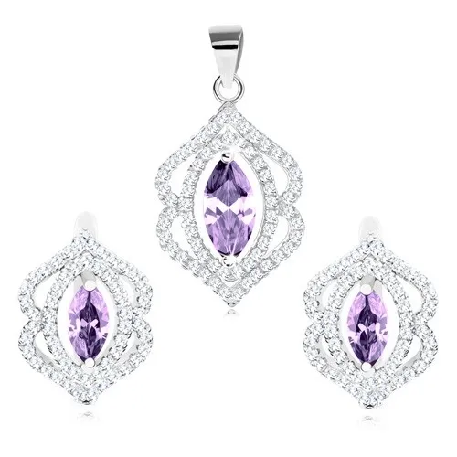 Rhodiovaná sada, přívěsek a náušnice ze stříbra 925, fialové zrnko čirý obrys