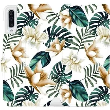Flipové pouzdro na mobil Samsung Galaxy A50 - MC07P Zlatavé květy a zelené listy (5903226860555)