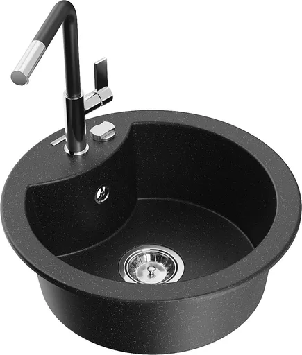 MEXEN/S Diego granitový dřez 1-miska včetně baterie Flora, černá/stříbrná metalik 6512-73-670401-07