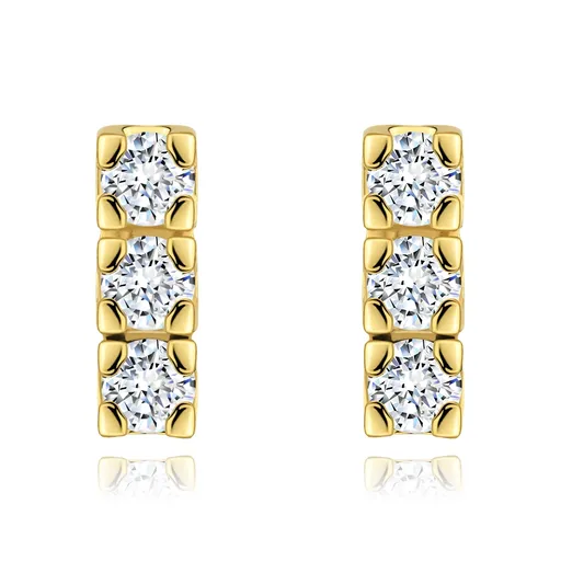 Zlaté 14K náušnice - svislá linie tří blýskavých briliantů čiré barvy