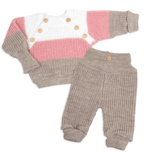 Baby Nellys Rostoucí pletený svetřík a kalhoty s knoflíčky Girl, 2D - proužky