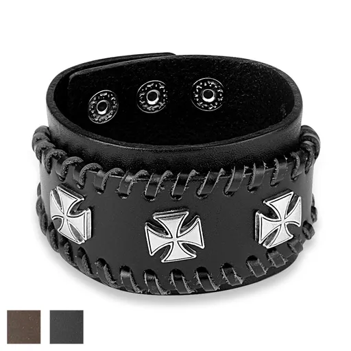 Okovaný kožený náramek - maltézský kříž stříbrné barvy - Barva: Černá