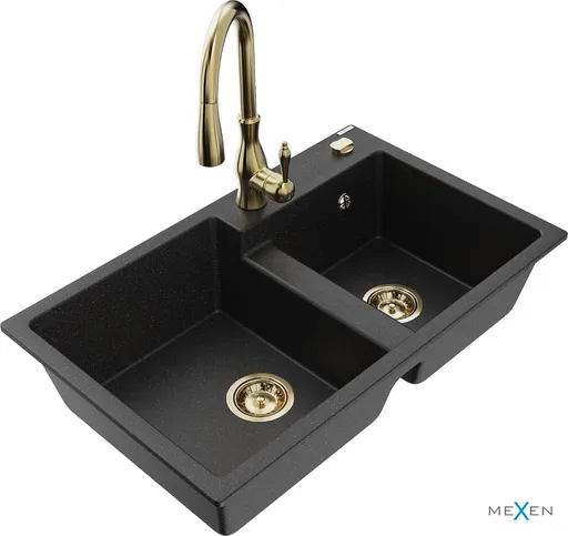 MEXEN/S Tomas granitový dřez 2-bowl včetně baterie Savita, černá/stříbrná metalik 6516-73-672601-50