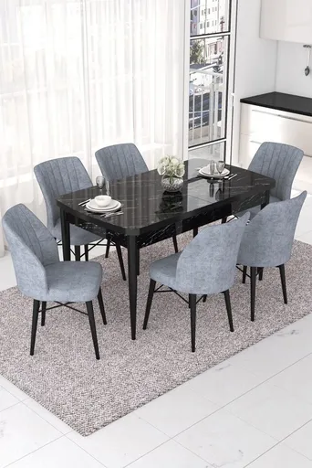 Extendable Dining Table & Chairs Set (7 Pieces) Nef - Black Marble, Grey