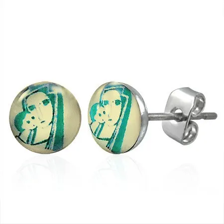 Puzetové náušnice z oceli stříbrné barvy - portrét Madony s dítětem