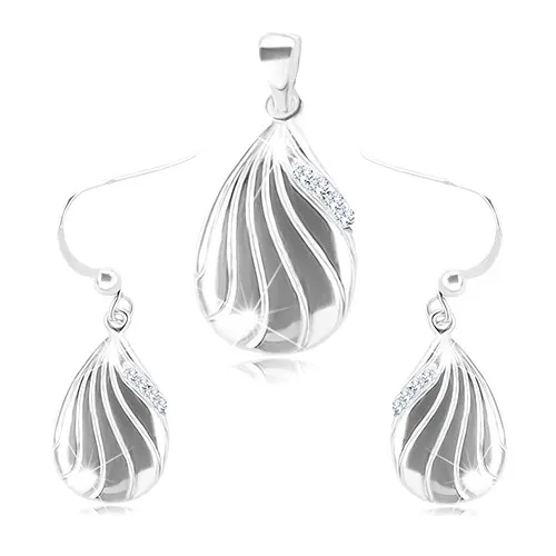 Stříbrný 925 set - náušnice a přívěsek, gravírovaná kapka s čirými zirkony