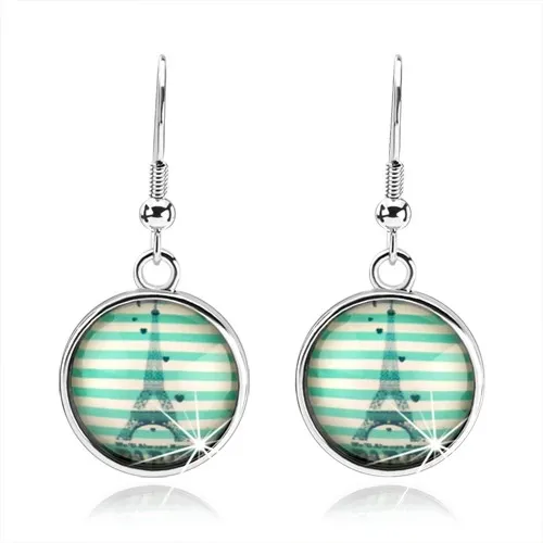 Náušnice kabošon - kruh, tyrkysové vodorovné proužky, Eiffelova věž