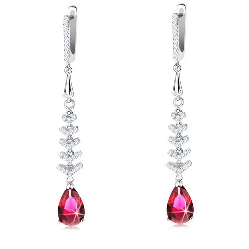 Visací stříbrné náušnice 925, broušená slza v červené barvě, blýskavé šipky