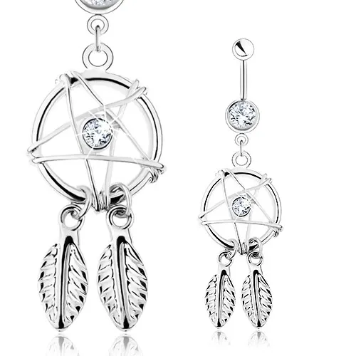 Piercing do pupíku, ocel 316L, lapač snů - pentagram, pírka, čiré zirkony