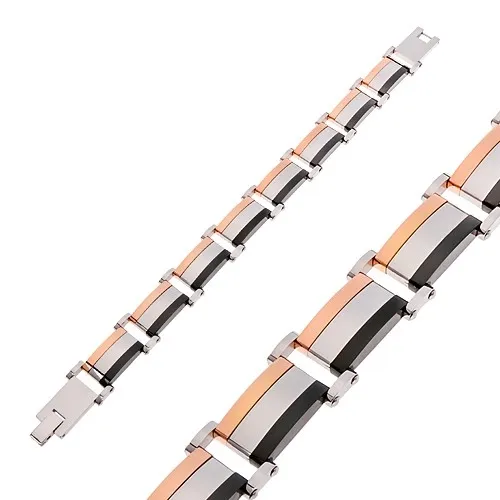 Ocelový náramek, trojbarevné obdélníkové články, lesklý vypouklý povrch