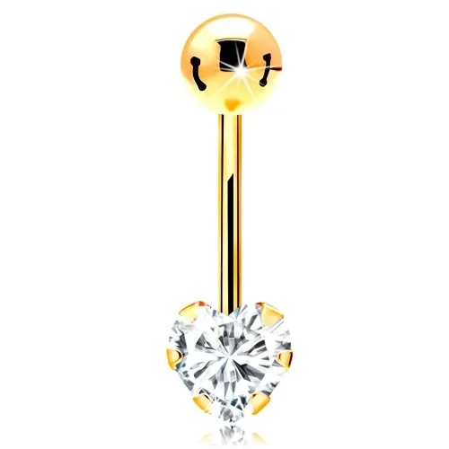 Zlatý 585 piercing do pupíku - třpytivé srdíčko z čirého zirkonu
