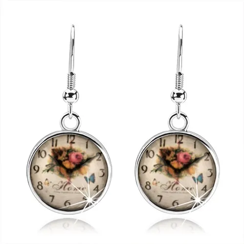 Náušnice, styl cabochon, glazura, obrázek hodinek, růže, anglický nápis