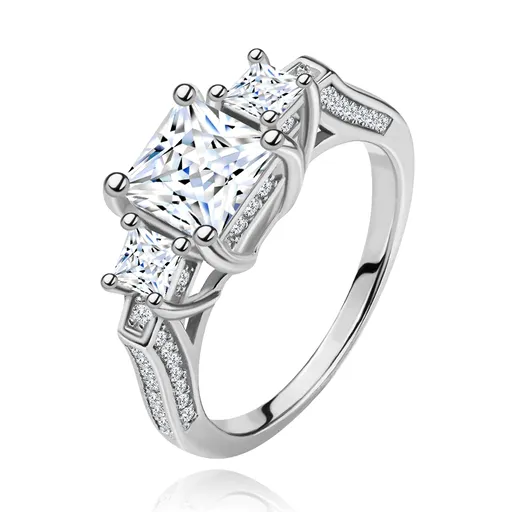 Zásnubní prsten ze stříbra 925, tři zirkonové čtverce, zdobená ramena - Velikost: 49