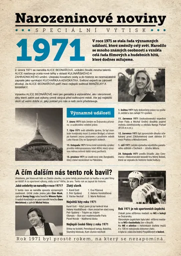 Narozeninové noviny 1971 s vlastní fotografií a textem, S fotografií a textem