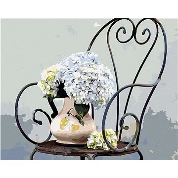 Diamondi - Diamantové malování - HORTENZIE VE VÁZE NA ŽIDLI, 40x50 cm, Vypnuté plátno na rám (606720B)