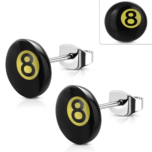 Náušnice z chirurgické oceli, magická kulečníková koule číslo 8- černá a žlutá barva