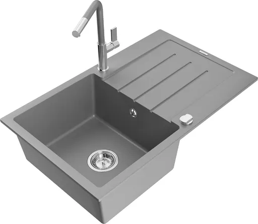 MEXEN/S Bruno granitový dřez 1 s odkapávačem včetně baterie Flora, šedá 6513-71-670401-06