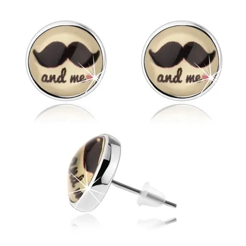 Kabošon náušnice, vypouklá glazura, černý knírek, nápis, srdíčko, žlutý podklad