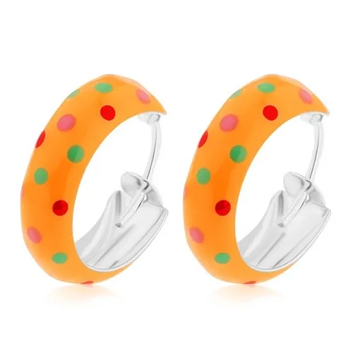 Stříbrné 925 náušnice, malé kruhy, oranžová puntíkovaná glazura, 14 mm