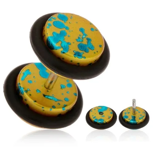 Falešný plug do ucha z akrylu zlatohořčicové barvy, tyrkysové skvrny