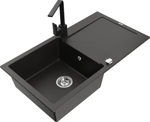 MEXEN/S Leo granitový dřez 1-miska s odkapávačem včetně baterie Rita, černý/zlatý metalik 6501-75-670300-70