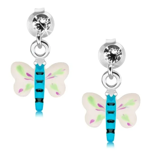 Puzetové náušnice, stříbro 925, barevný motýlek, čirý krystal Swarovski