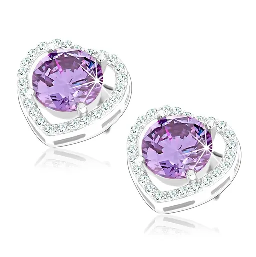 Náušnice ze stříbra 925, obrys srdce se zirkony, kulatý zirkon tanzanitové barvy