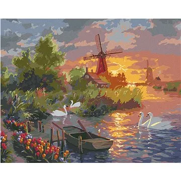 Zuty - Malování podle čísel - TULIPÁNY, LABUTĚ, MLÝN A ZÁPAD SLUNCE (ABRAHAM HUNTER), 80x100 cm, vyp (HRAmmb06383nad)
