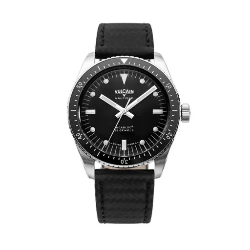 Vulcain Skindiver Nautique Black with White Lum - Black Carbon Leather Strap