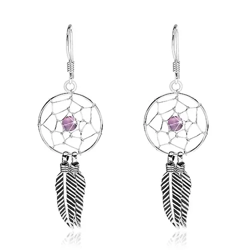Stříbrné náušnice 925, lapač snů, fialový korálek, pírka, 15 mm